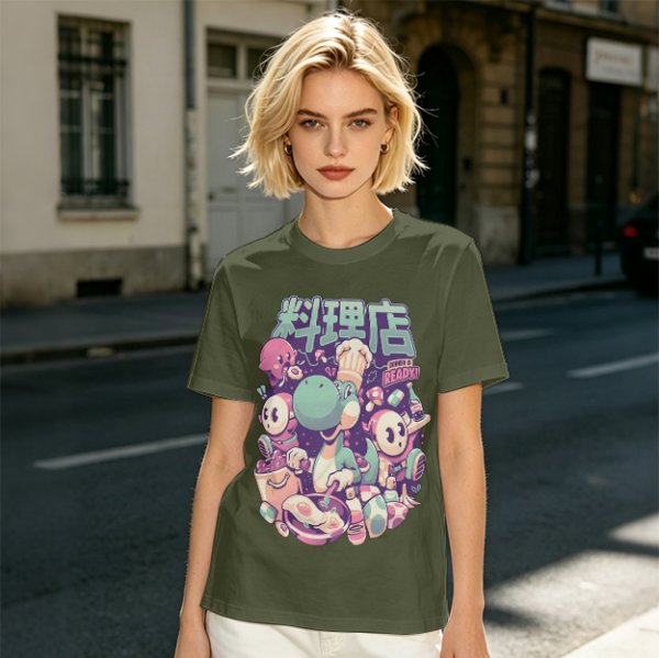 Olive t-shirt with dinosaur chef and cute character cooking graphic