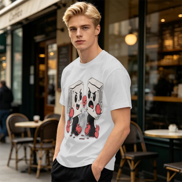 Olive T-Shirt With Retro Cartoon Fighting Ice Cubes Graphic