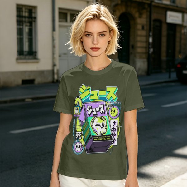 Olive T-shirt with spooky juice box graphic and playful skull art