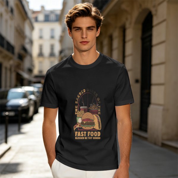 Olive T-Shirt With Sacred Fast Food Combo Graphic Print