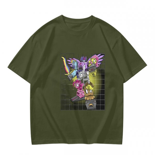 Olive T-shirt with colorful robot transformer graphic print