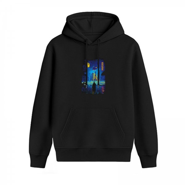 Black hoodie with night cityscape and lone figure graphic