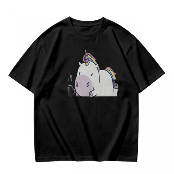 Olive green t-shirt with a chubby unicorn holding a steaming coffee cup