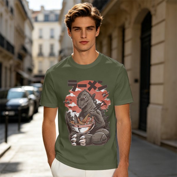 Olive T-shirt with Godzilla eating ramen graphic