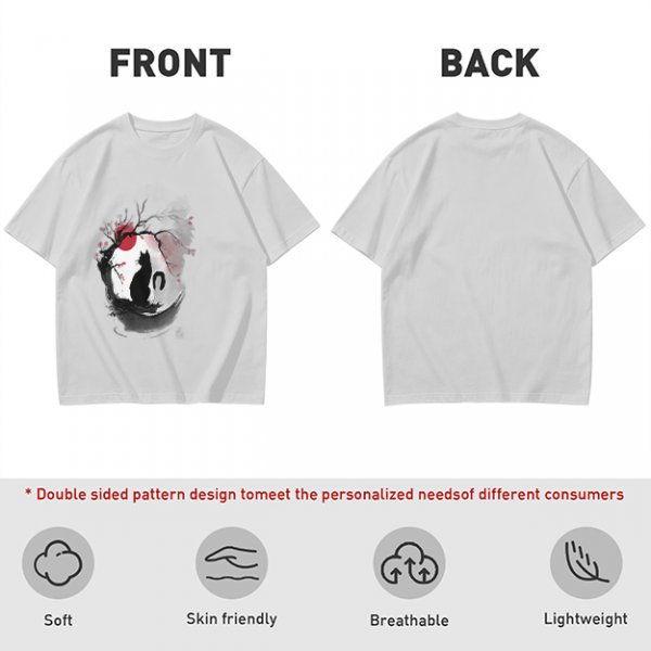 Olive T-Shirt with Japanese Style Cat and Red Sun Art Print