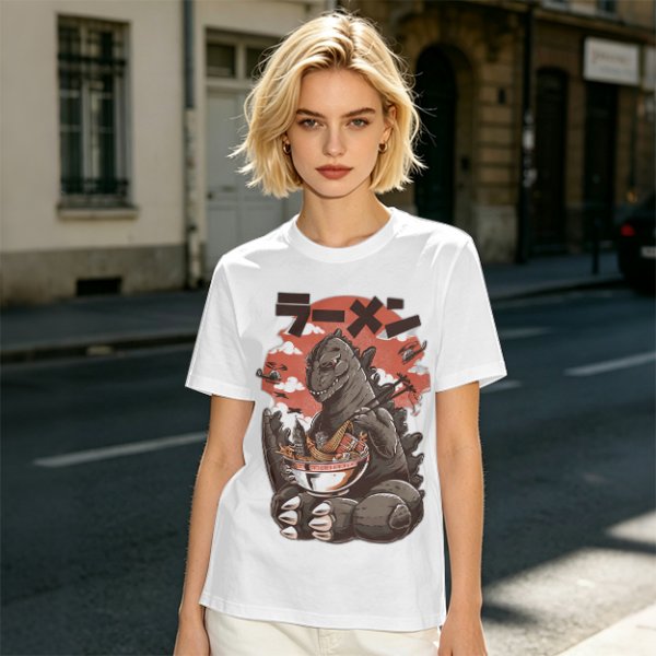Olive T-shirt with Godzilla eating ramen graphic