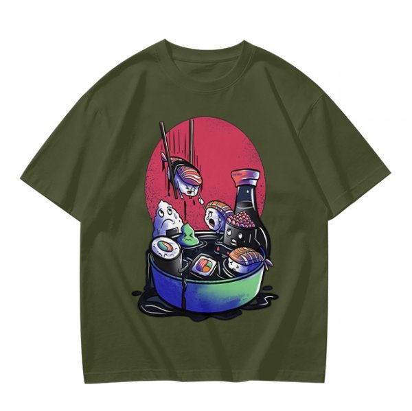 Olive T-Shirt With Anxious Sushi Characters In Soy Sauce Bowl Print