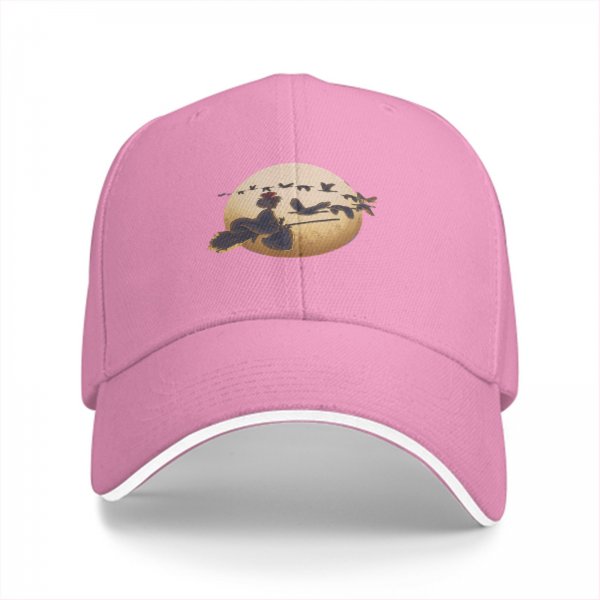 Black baseball cap with witch on broom silhouette against moon and birds