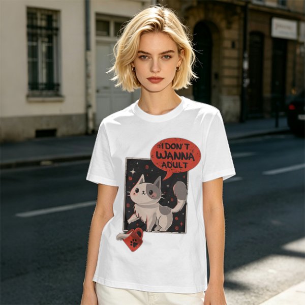 Olive cat graphic t-shirt with 'I don't wanna adult' print