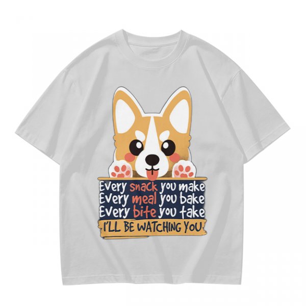 Olive t-shirt with corgi graphic and 'I'll Be Watching You' snack quote