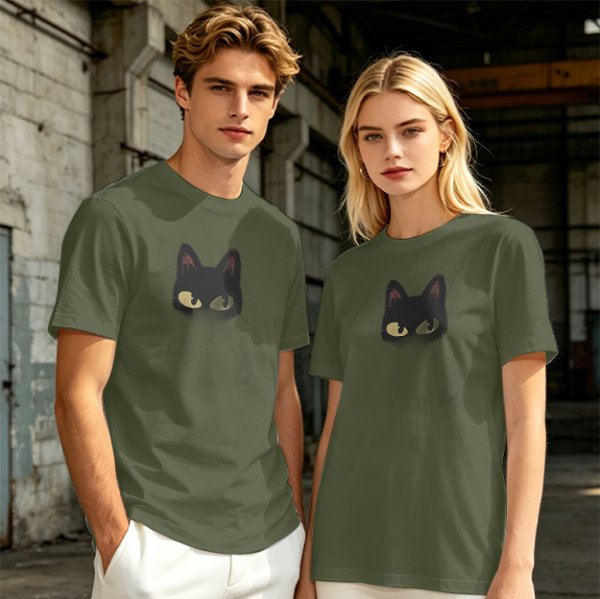 Olive Green T-Shirt With Black Cat Head Graphic Print