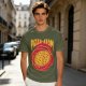 Olive green graphic t-shirt with pizza atom design