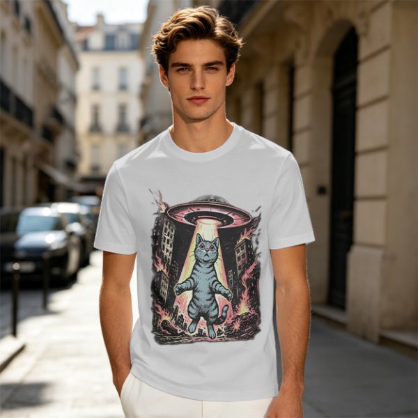 Olive T-Shirt with UFO Abducting Cat Over Burning City