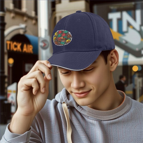 Black baseball cap with retro video game character grill print