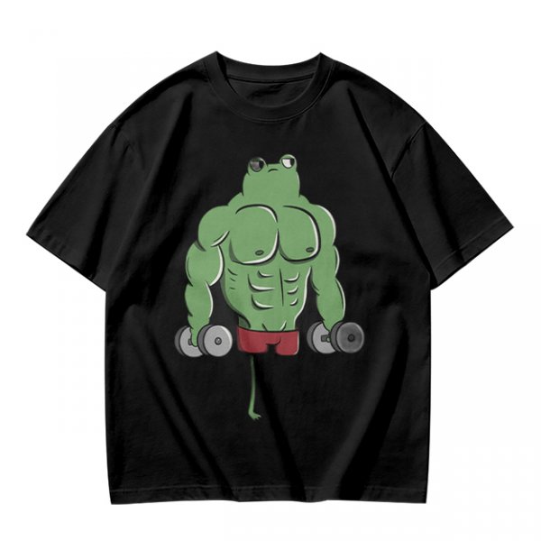 Oversized Army Green T-Shirt With Muscular Frog Lifting Dumbbells Print