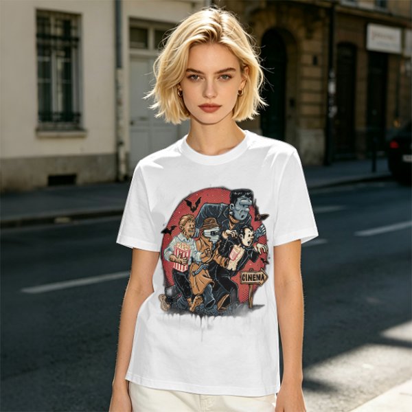 Olive T-Shirt with Classic Horror Monsters Going to Cinema Print