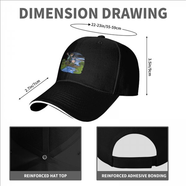 Black Baseball Cap With Cartoon Boys Crossing Stream Artwork