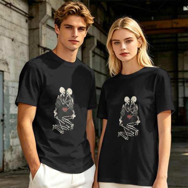 Olive T-Shirt With Skeleton Couple Embracing Red Heart Print