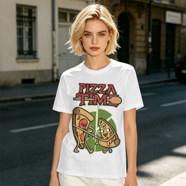 Olive green pizza graphic t-shirt with playful pizza slice characters
