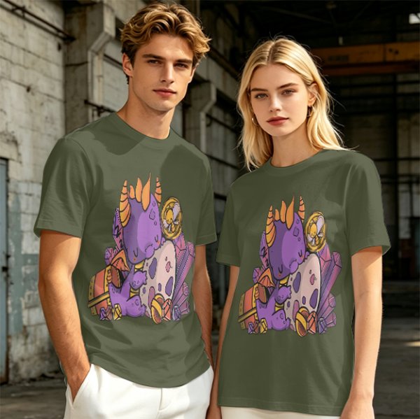 Olive T-Shirt with Cute Sleeping Purple Dragon and Treasure Artwork