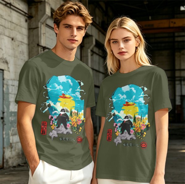 Olive T-shirt with anime pig pilot and seaplane graphic