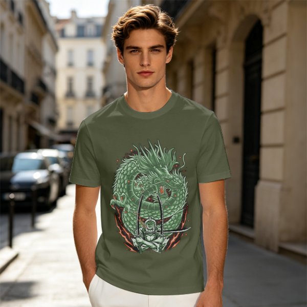 Olive T-shirt with Green Dragon and Samurai Warrior Graphic