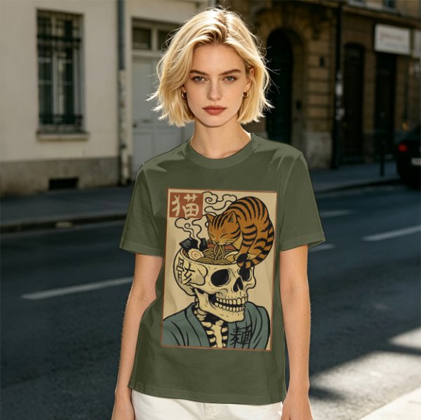 Olive t-shirt with a skull ramen bowl and a napping tabby cat print