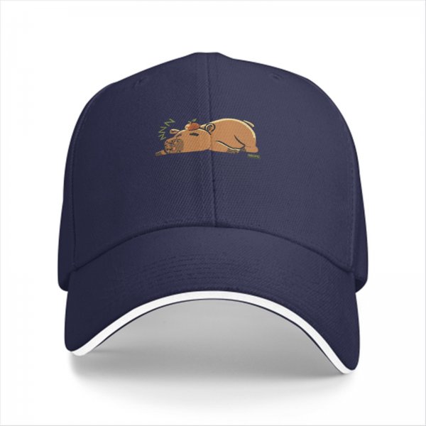 Black baseball cap with a sleeping capybara graphic