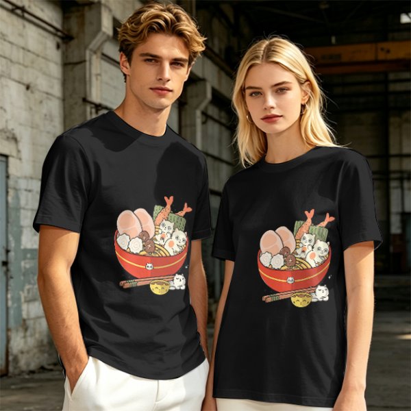 Olive T-Shirt With Cute Cat Ramen Bowl Graphic Print