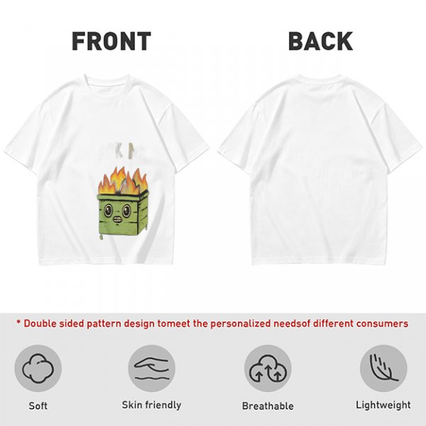 Olive Green T-Shirt With Cartoon Burning Dumpster Graphic