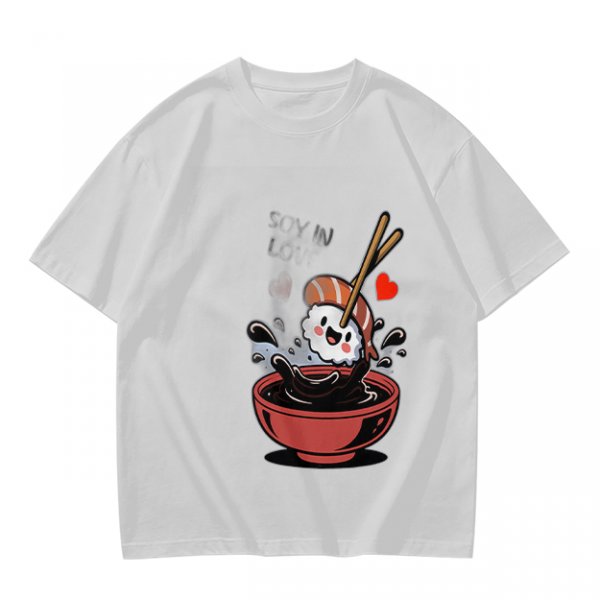 Olive T-shirt with Cute Sushi Dipping in Soy Sauce Graphic