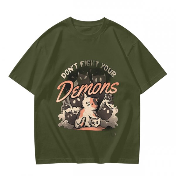Olive graphic t-shirt with 'Don't Fight Your Demons' cat art