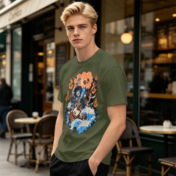 Olive T-shirt with Skeleton Musician Playing Guitar Over Ocean Waves