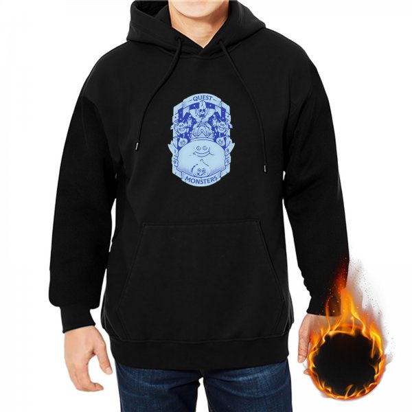 Black hoodie with Questers Monsters themed blue graphic print