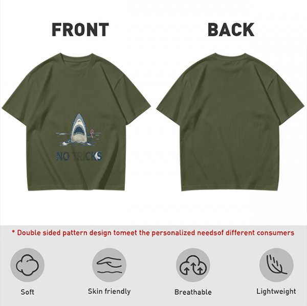 Olive T-shirt with Shark Holding Candy Cane and No Tricks Text