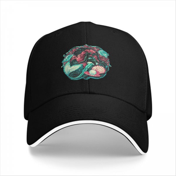 Black Baseball Cap With Mermaid And Pearl Shell Graphic