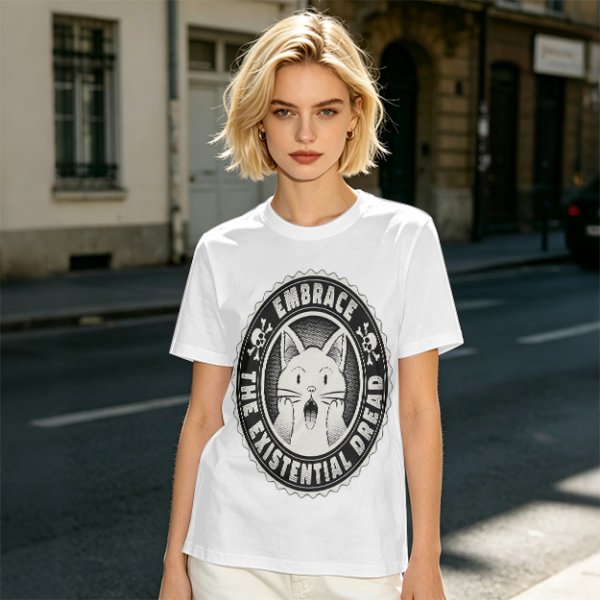 Olive t-shirt with 'Embrace the Existential Dread' screaming cat graphic