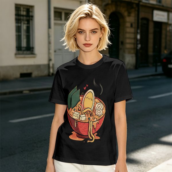 Olive T-Shirt With Cute Ramen Bowl Graphic Print