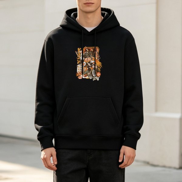 Black Hoodie With Japanese Anime Style Graphic Print