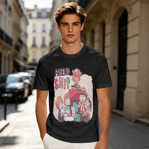 Olive T-Shirt with Friendship Themed Cartoon Crew Print