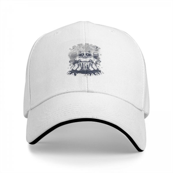 Black baseball cap with raccoon live fast eat trash graphic
