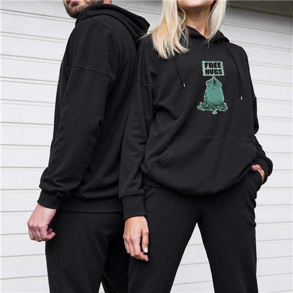 Black hoodie with free hugs monster graphic print