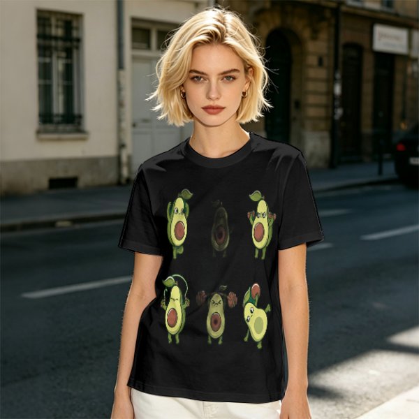 Olive Green T-Shirt with Cartoon Avocado Fitness Characters Print