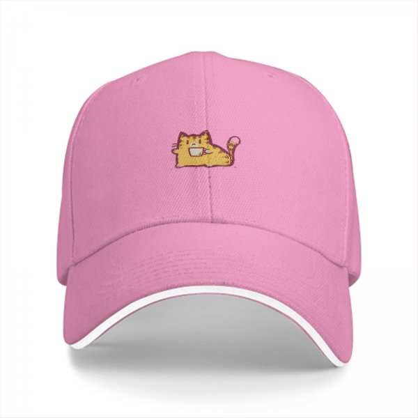Black Baseball Cap With Cute Orange Cat Holding Coffee Cup Print