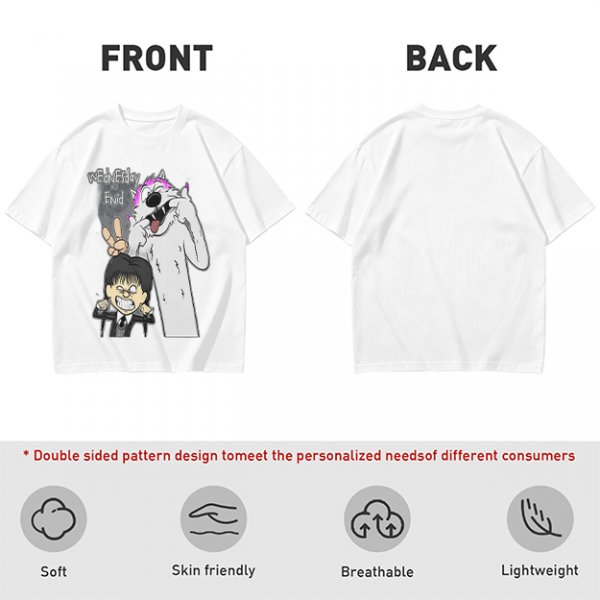 Olive graphic tee with Wednesday and Enid cartoon wolf design