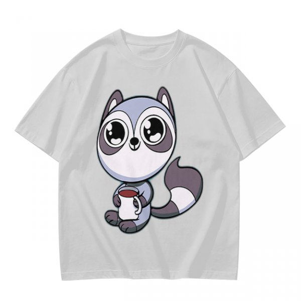 Olive T-Shirt with Cute Raccoon Holding Coffee Mug Print