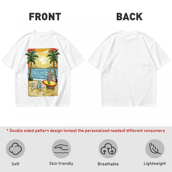 Olive T-Shirt with Beach Scene Print Featuring Totoro and Friends