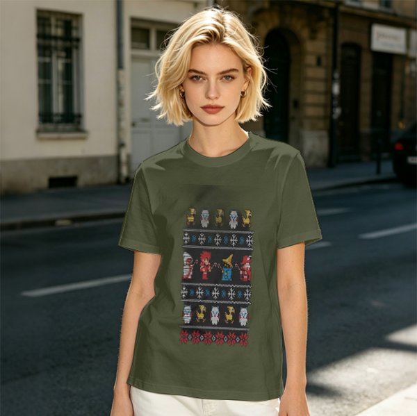 Olive T-Shirt With Final Fantasy Christmas Themed Pixel Art Print