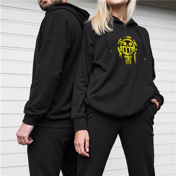 Black Hoodie With Distressed Yellow Skull Pirate Emblem Print