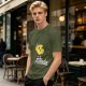 Olive green t-shirt with cheerful lemon mascot graphic and make lemonades text